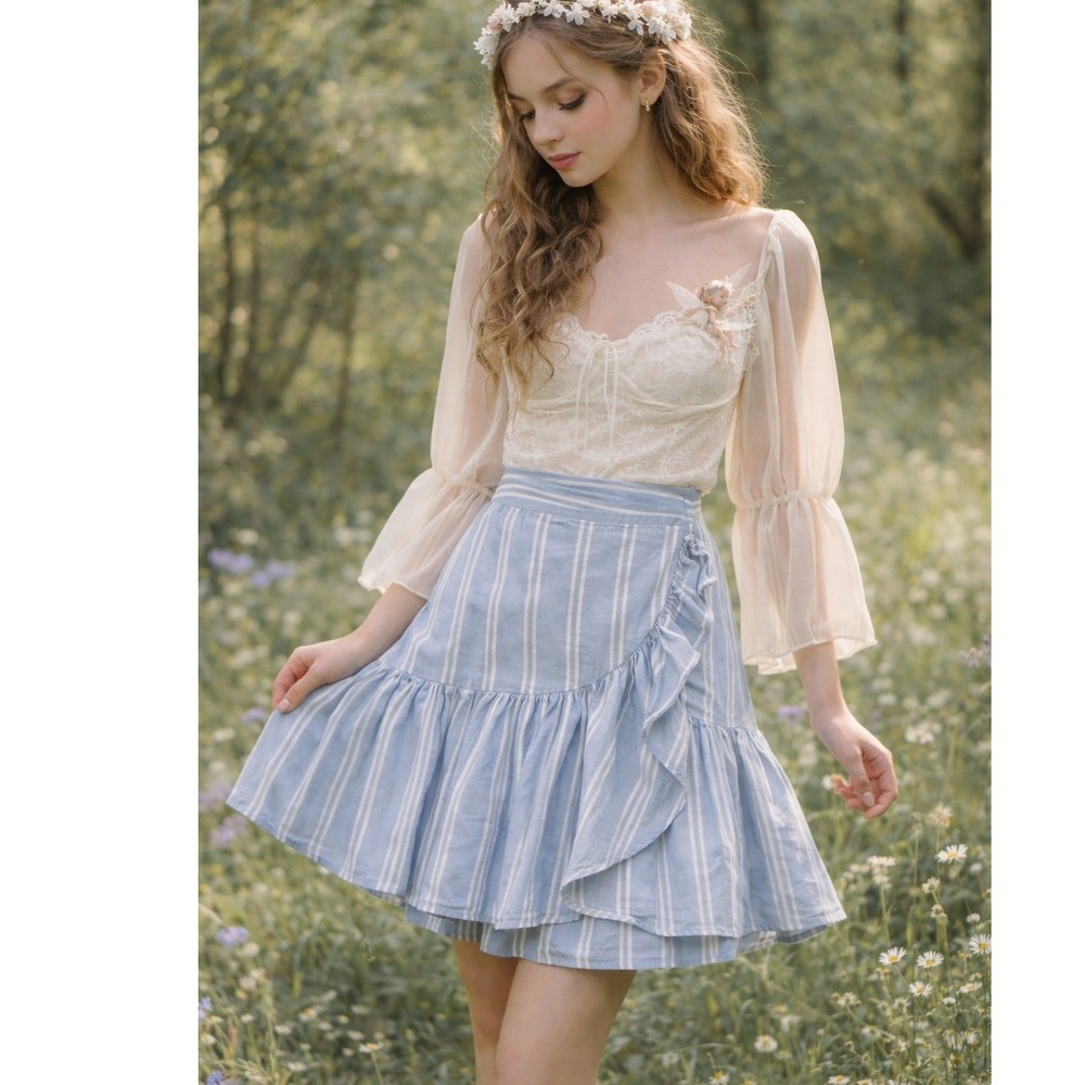 a new day Tiered Ruffle Hem Skirt Sz S Stripe Fairy Cottagecore Coastal Country